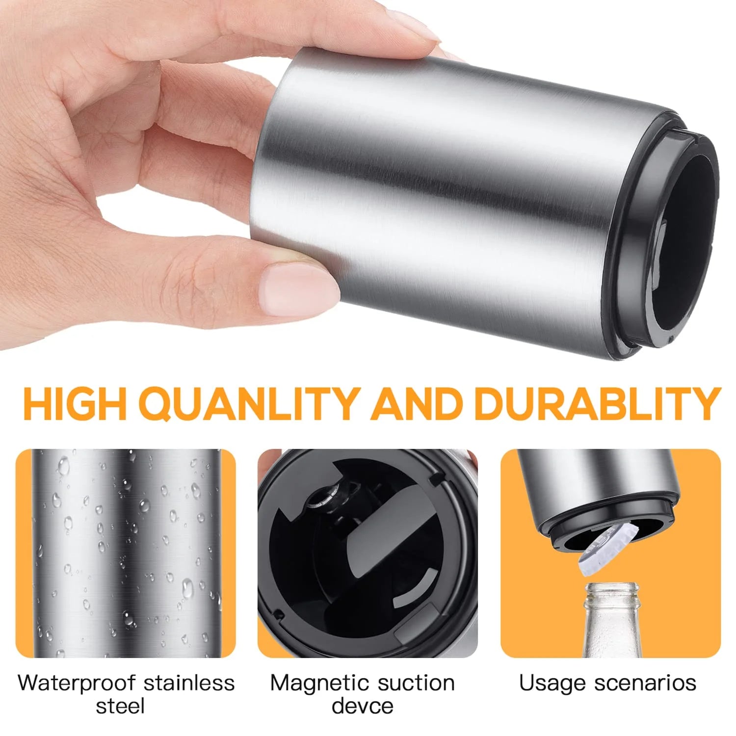 2 PCS Premium Beer Bottle Opener, Stainless Steel Automatic Push down No Damage Quick to Open Small Portable Bottle Cap Openers for Home Bars Picnic Camping Hiking, Silver